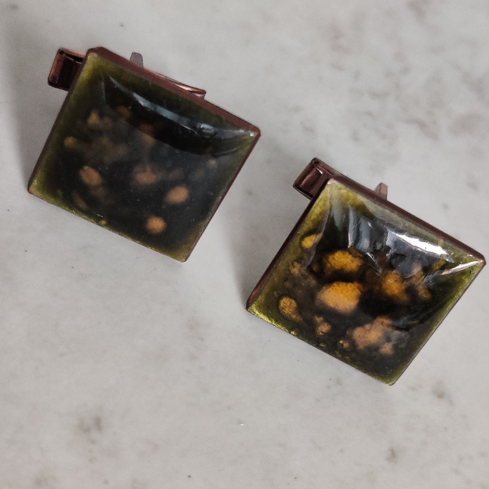 Elegant Vintage Enamel on Copper Abstract Men's Cufflinks